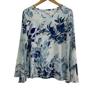 Calvin Klein Blue White Floral Women’s Size L Blouse Sheer Flare Long Sleeve